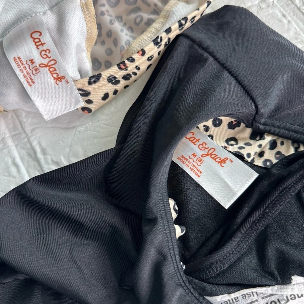 Leopard Print Puff Sleeve Swimsuit Crop Top and Black Bikini Bottom M (8)